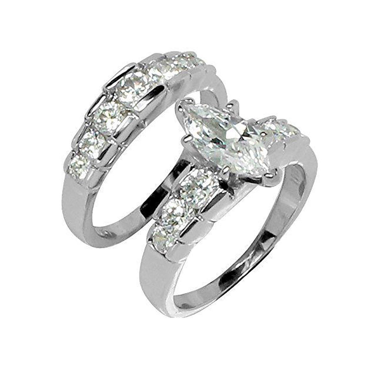 Stainless Steel Marquis Cut CZ Wedding Set with Graduated Stones and Channel-Set Band - Rings - Bijou Her -  -  - 