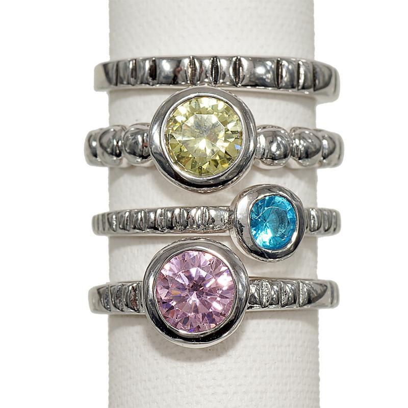 Silvertone Bezel Set Cubic Zirconia Ring Set - Set of 4 Rings with Pink, Yellow, and Blue Stones in Rhodium Plated Brass - Rings - Bijou Her -  -  - 