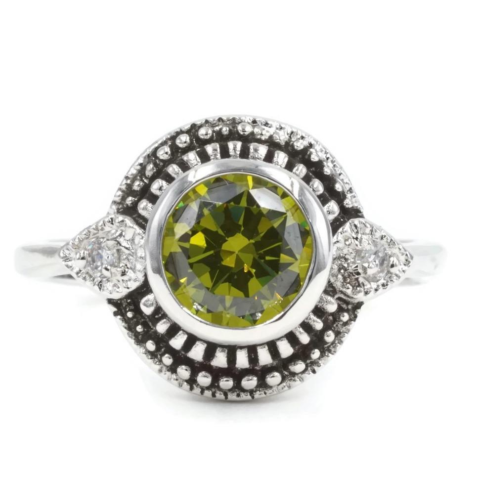 Olive CZ Ring with Ribbed Pattern and Clear CZ Accents - Hypoallergenic Silvertone Bijouterie Piece - Rings - Bijou Her -  -  - 