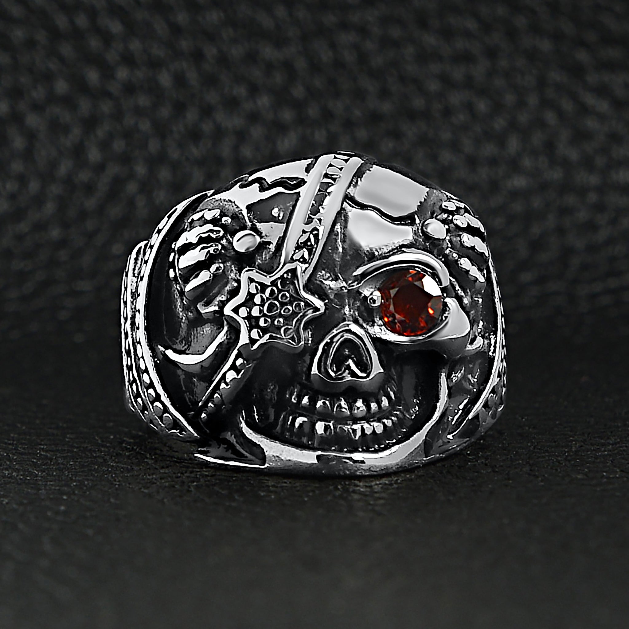 Stainless Steel Skull Ring with Red CZ Eye and Eyepatch - Unique and Stylish Jewelry for Men - Jewelry & Watches - Bijou Her -  -  - 