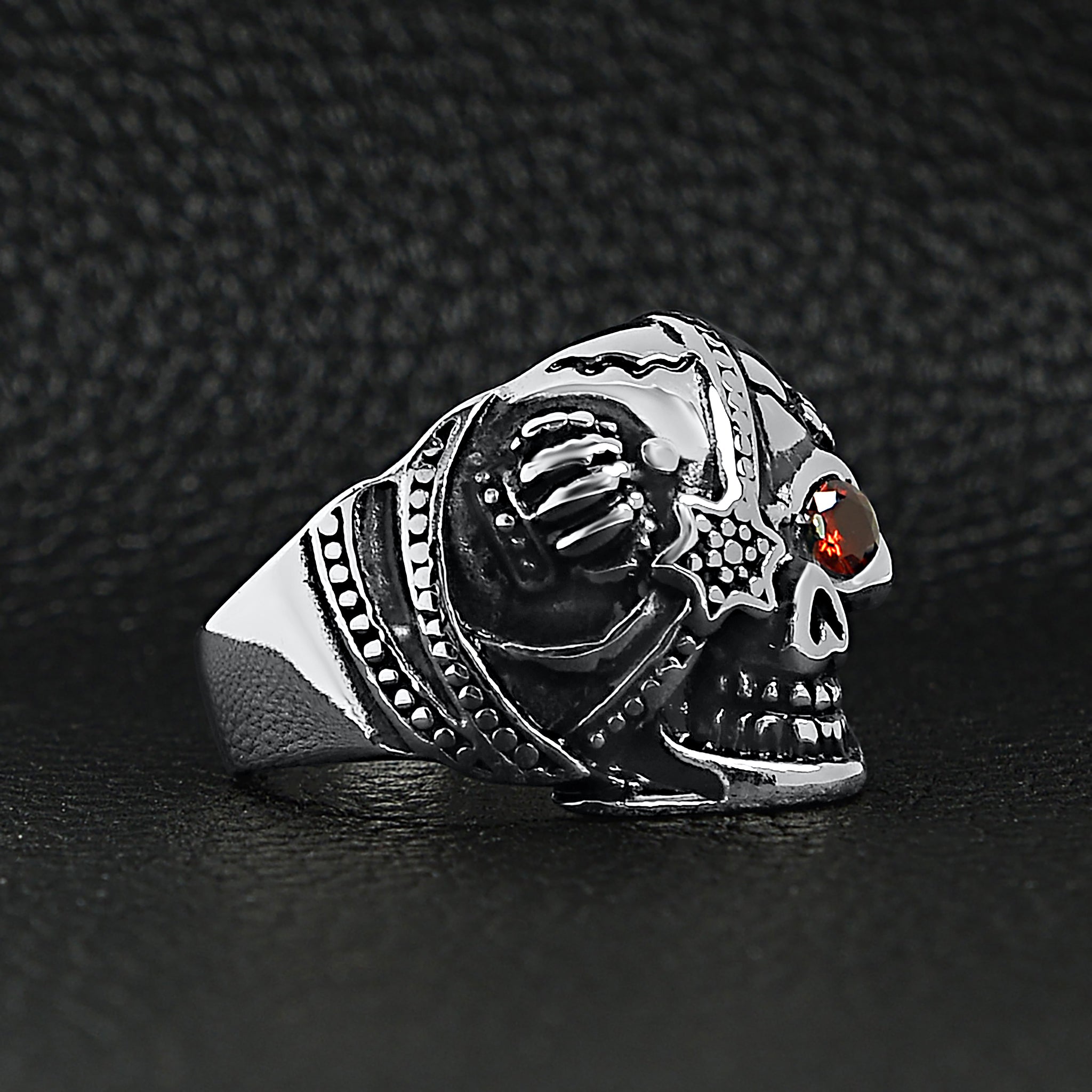 Stainless Steel Skull Ring with Red CZ Eye and Eyepatch - Unique and Stylish Jewelry for Men - Jewelry & Watches - Bijou Her -  -  - 