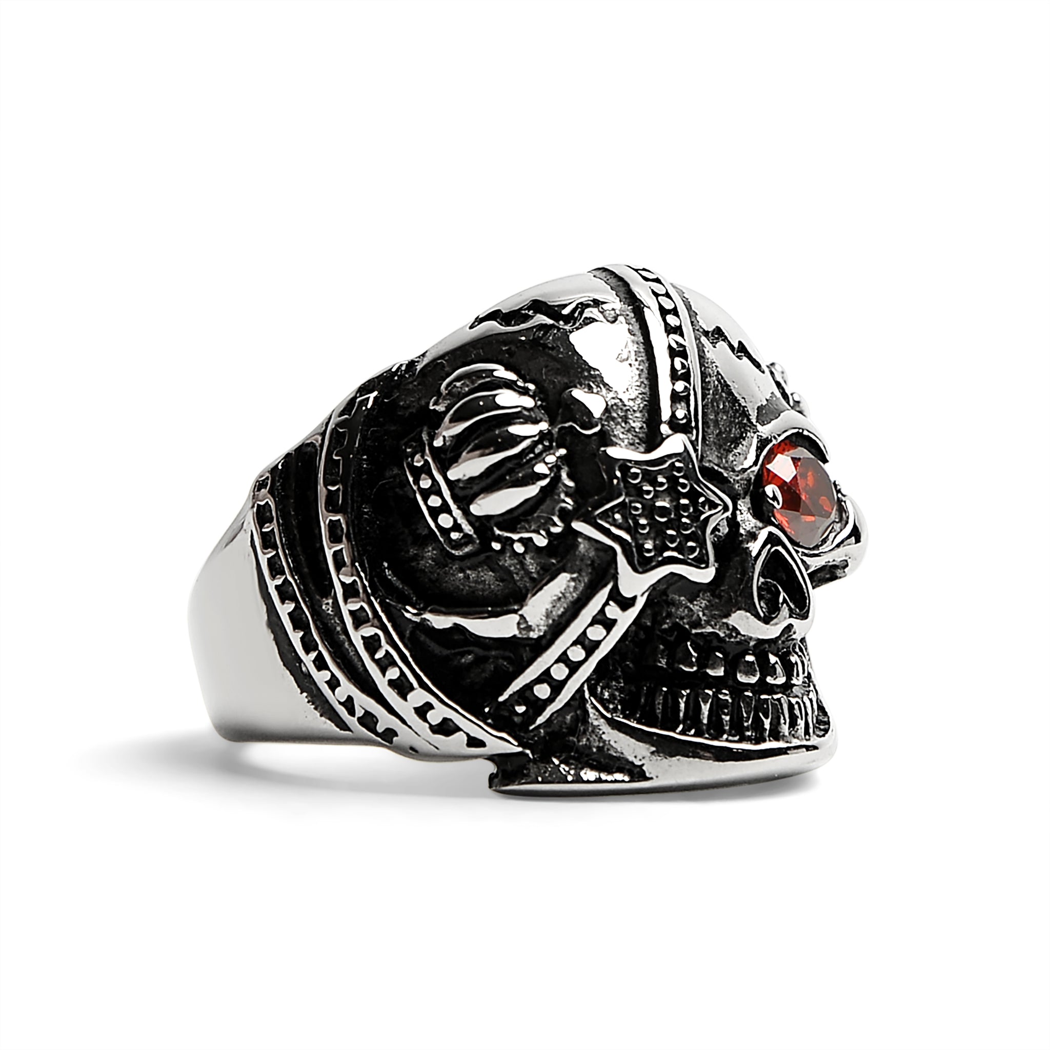 Stainless Steel Skull Ring with Red CZ Eye and Eyepatch - Unique and Stylish Jewelry for Men - Jewelry & Watches - Bijou Her -  -  - 