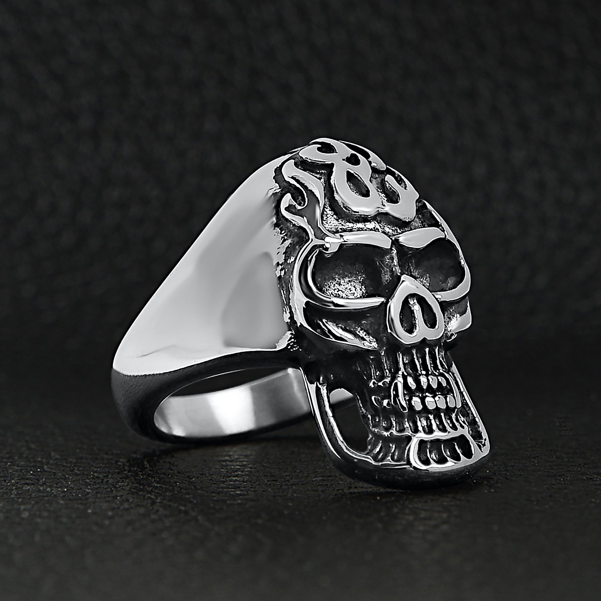 Stainless Steel Flaming Skull Ring - Polished Band for Men's Biker/Goth Style - Jewelry & Watches - Bijou Her -  -  - 