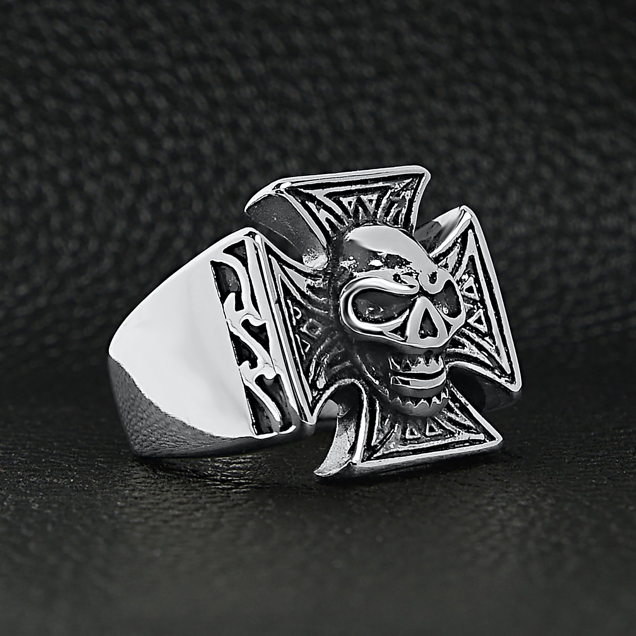 Stainless Steel Polished Skull Maltese Cross Ring - Bold Biker Statement Piece - Jewelry & Watches - Bijou Her -  -  - 