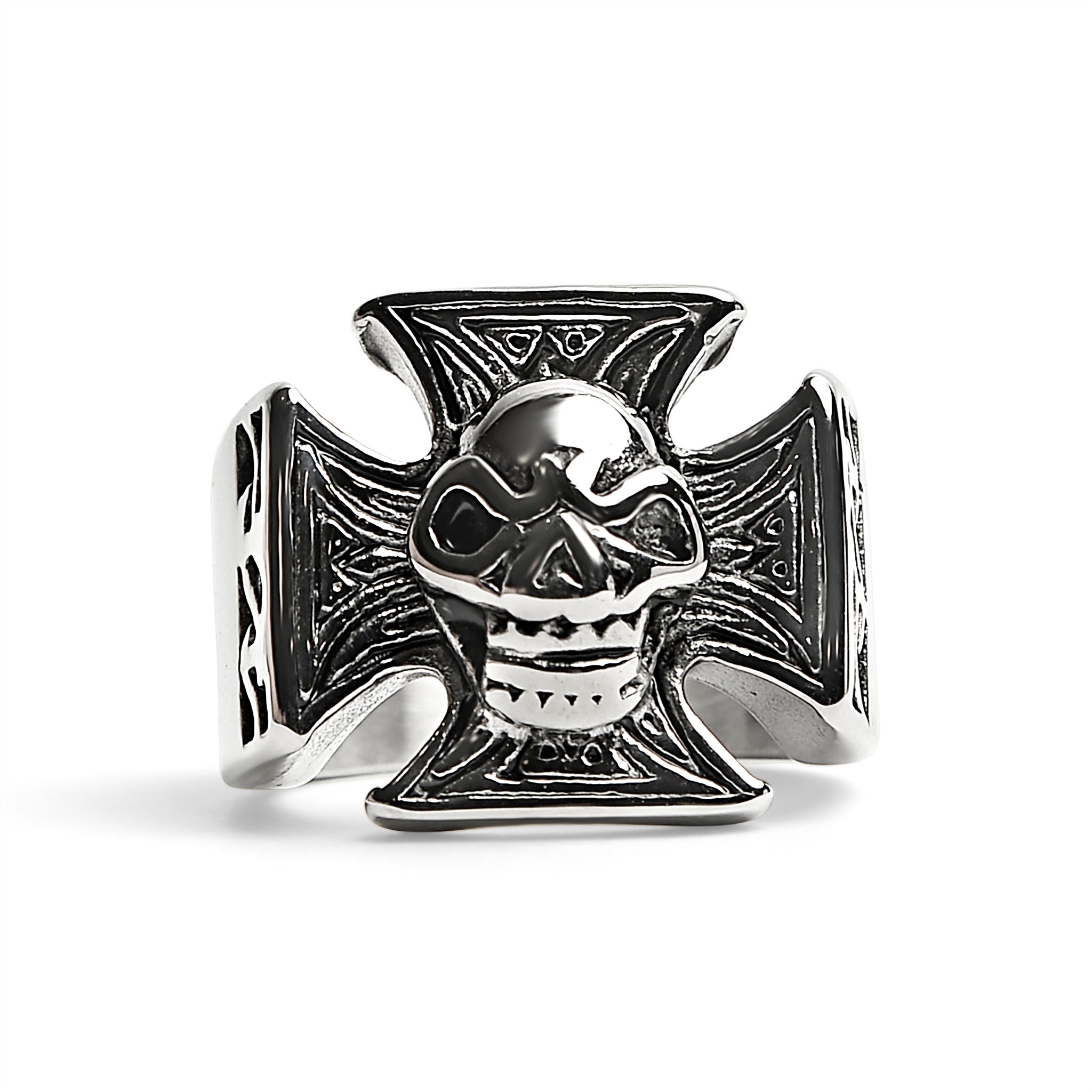 Stainless Steel Polished Skull Maltese Cross Ring - Bold Biker Statement Piece - Jewelry & Watches - Bijou Her -  -  - 