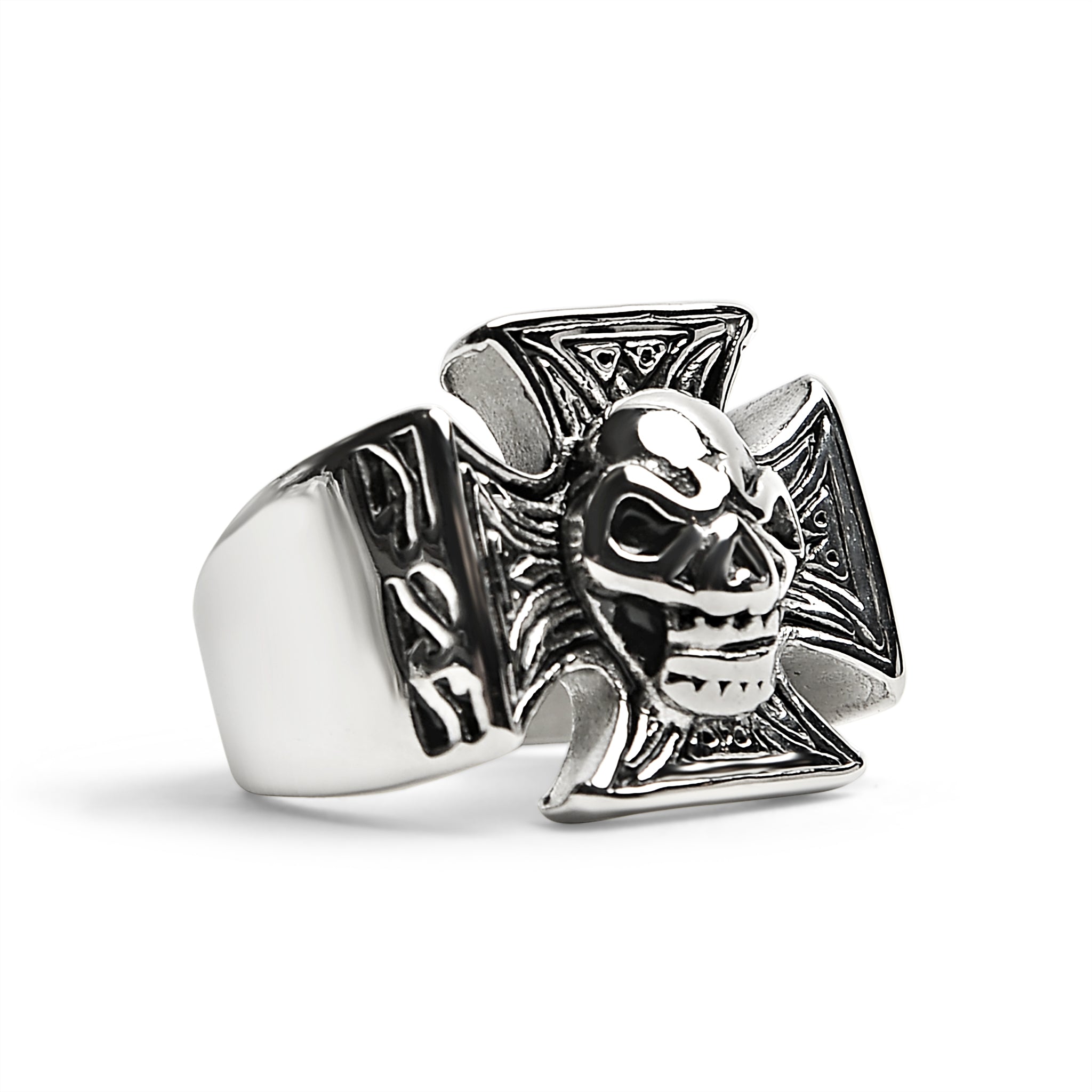 Stainless Steel Polished Skull Maltese Cross Ring - Bold Biker Statement Piece - Jewelry & Watches - Bijou Her -  -  - 