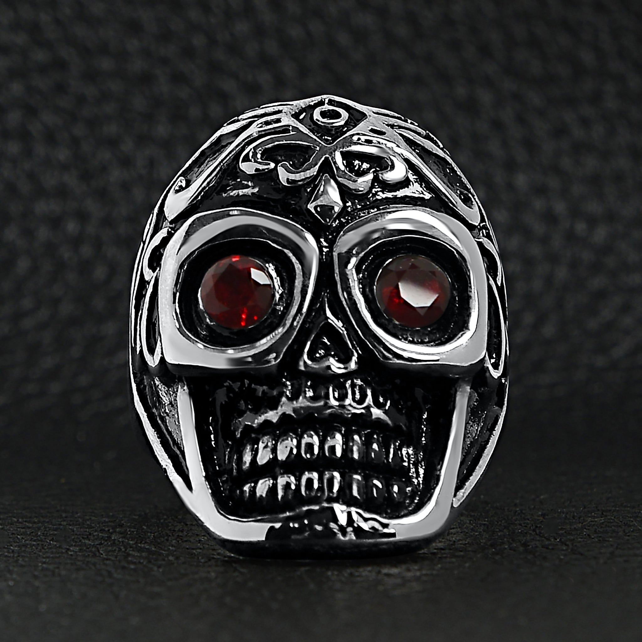 Polished Stainless Steel Skull Ring with Red CZ Eyes - Hypoallergenic and Durable - Jewelry & Watches - Bijou Her -  -  - 