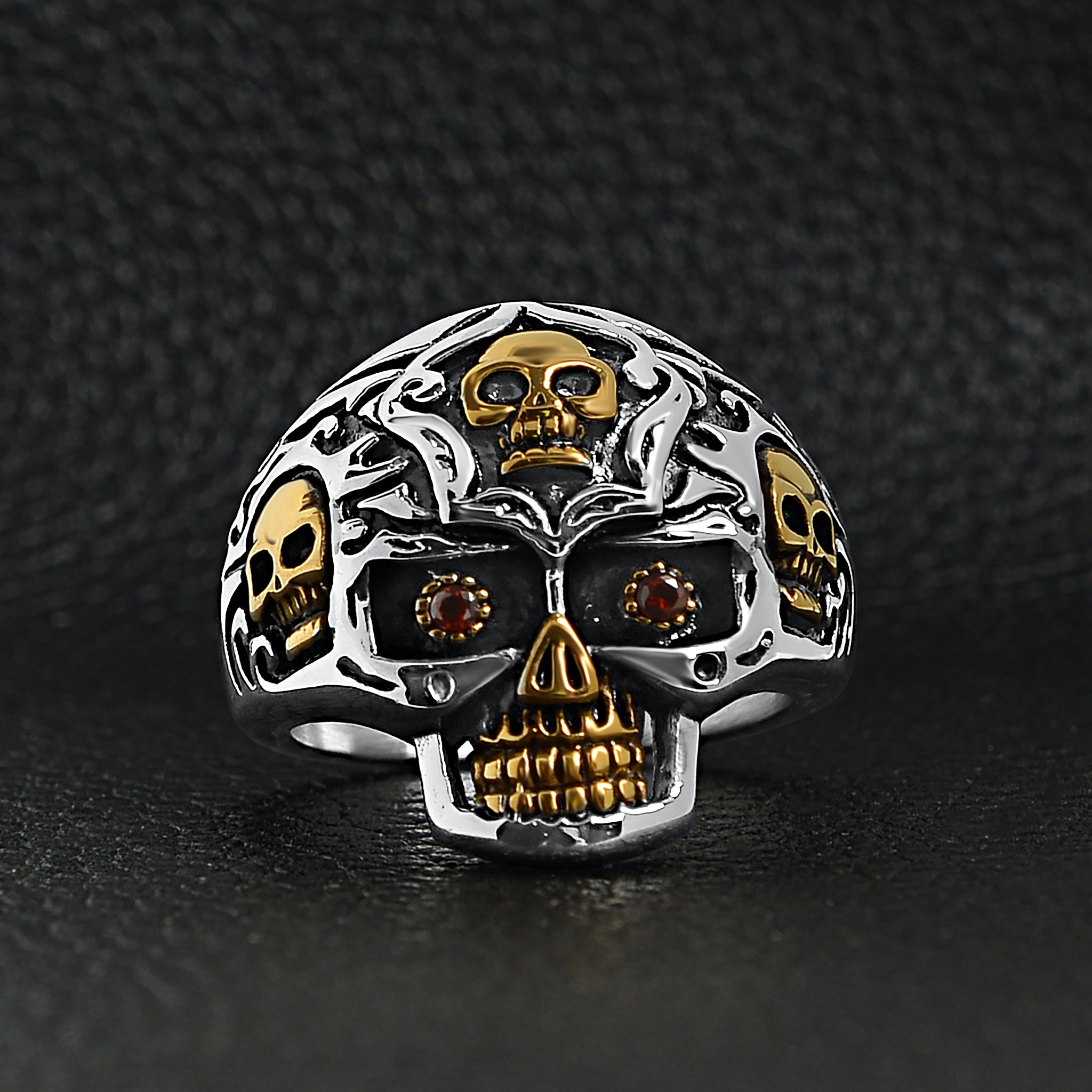 Stainless Steel Red CZ Filigree Skull Ring - 18K Gold PVD Coated, Durable, Hypoallergenic, 21g Weight - Jewelry & Watches - Bijou Her -  -  - 