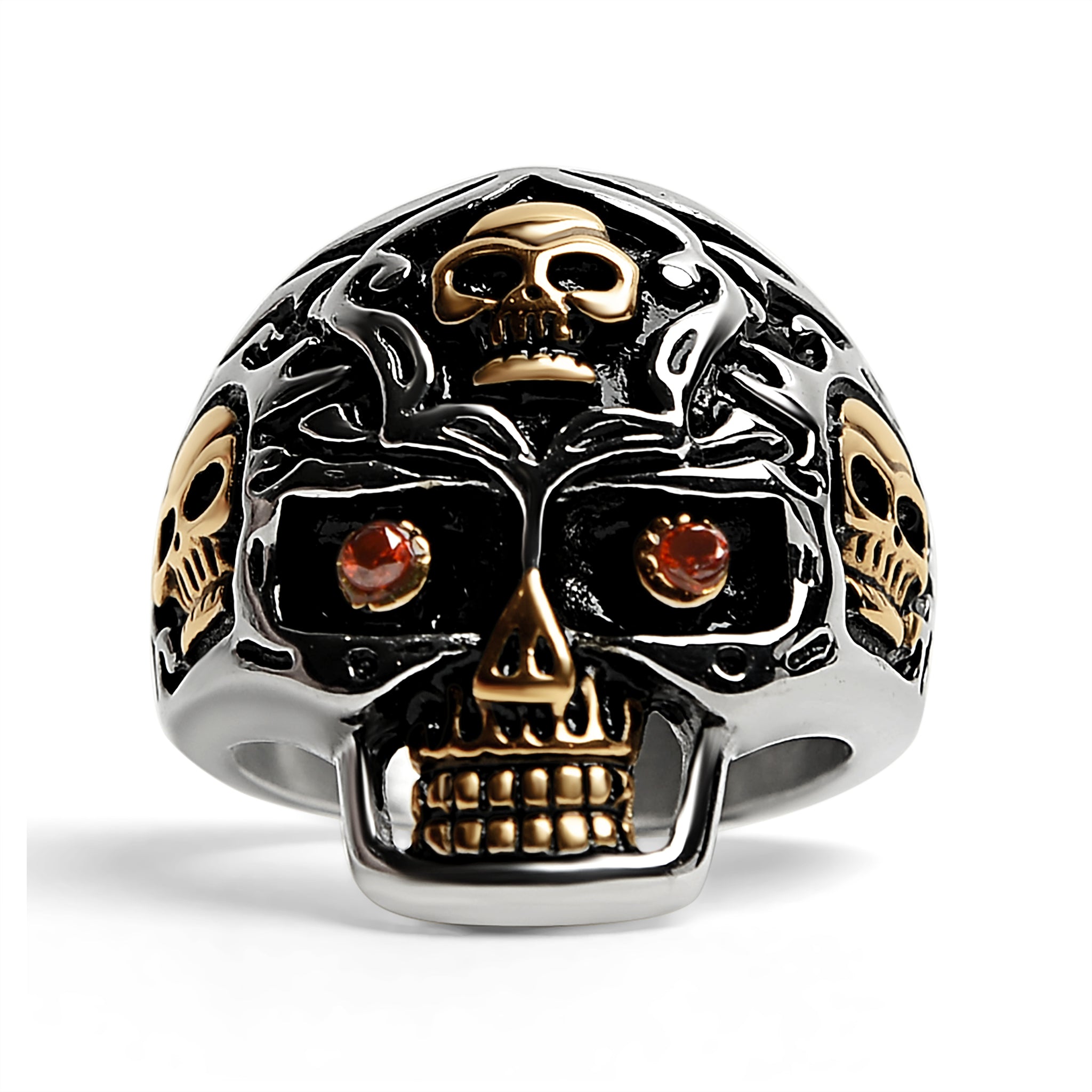 Stainless Steel Red CZ Filigree Skull Ring - 18K Gold PVD Coated, Durable, Hypoallergenic, 21g Weight - Jewelry & Watches - Bijou Her -  -  - 