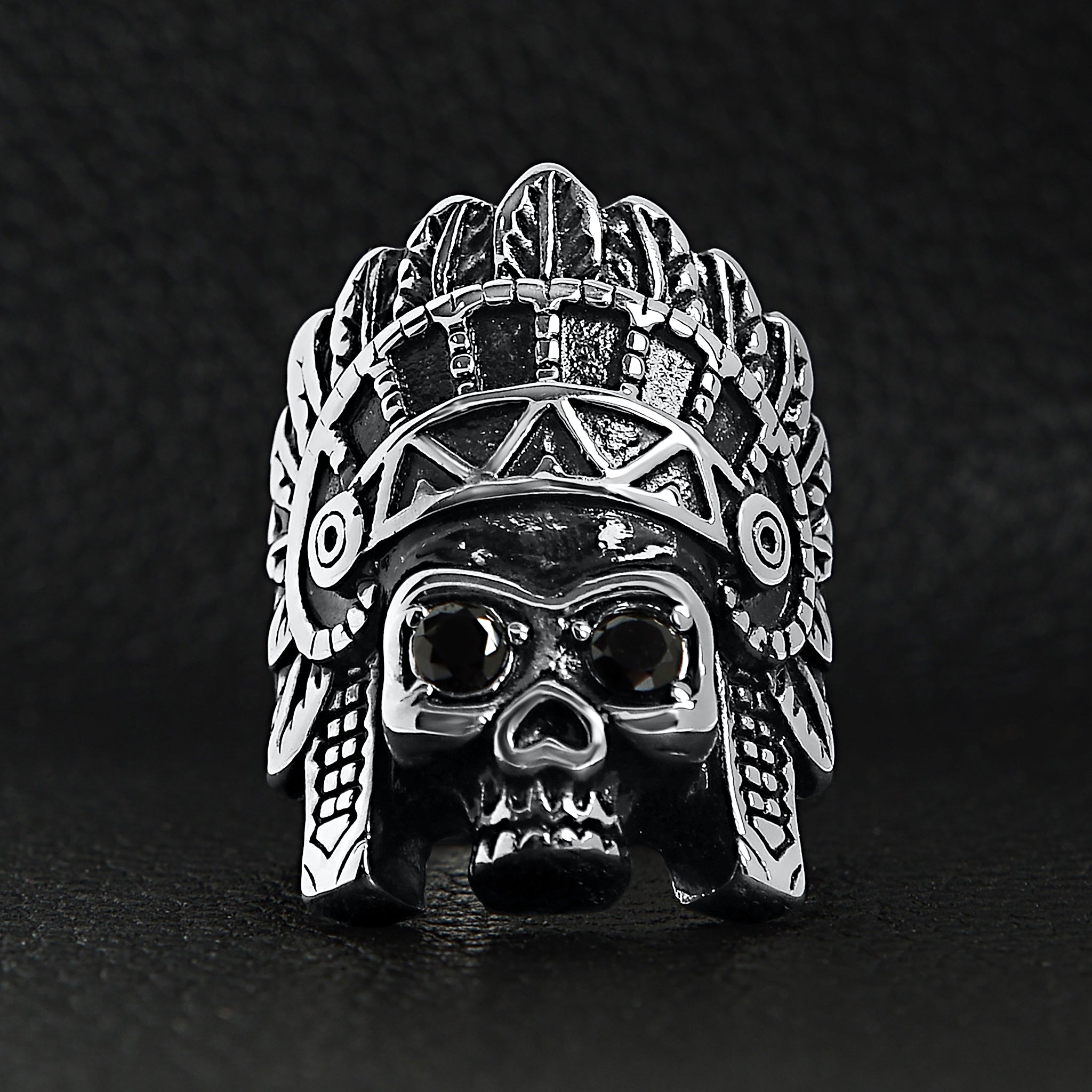Stainless Steel Native American Chief Skull Ring with Black CZ Stone - Jewelry & Watches - Bijou Her -  -  - 