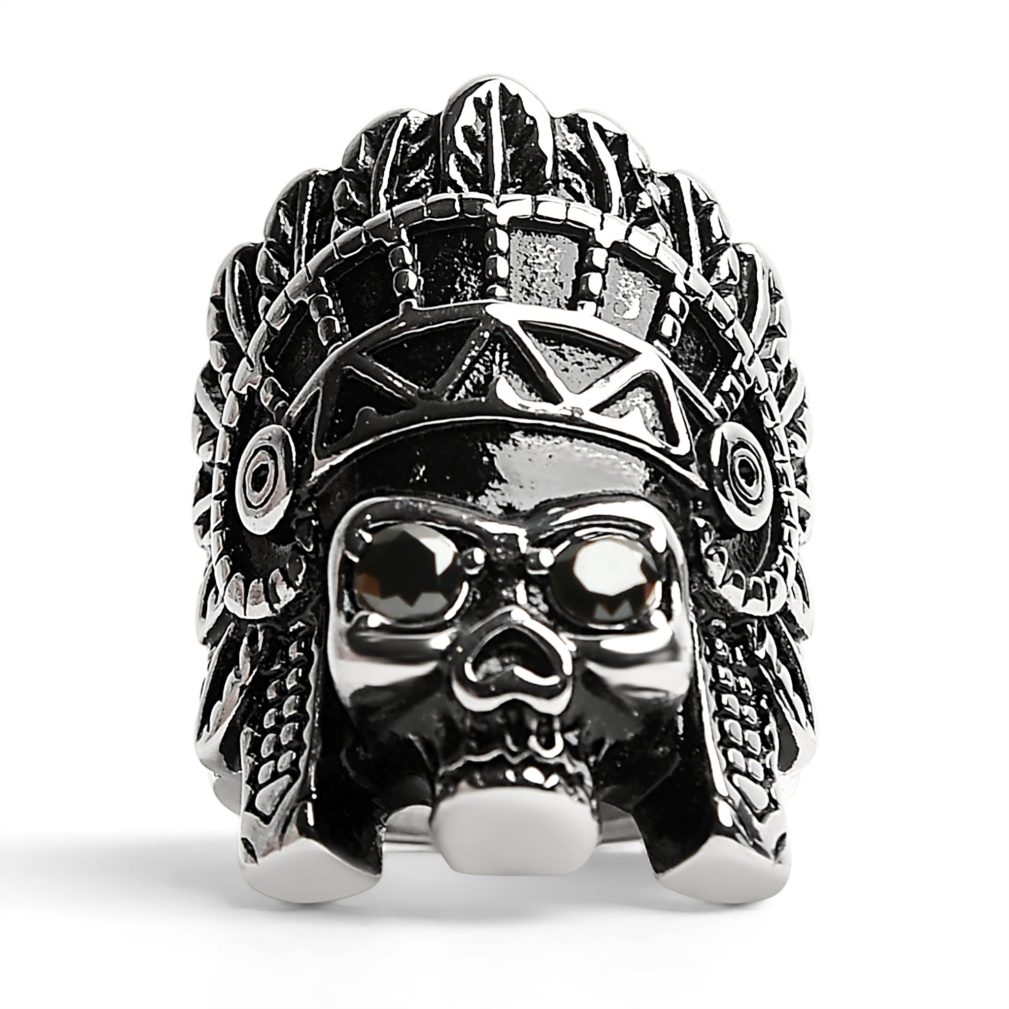 Stainless Steel Native American Chief Skull Ring with Black CZ Stone - Jewelry & Watches - Bijou Her -  -  - 