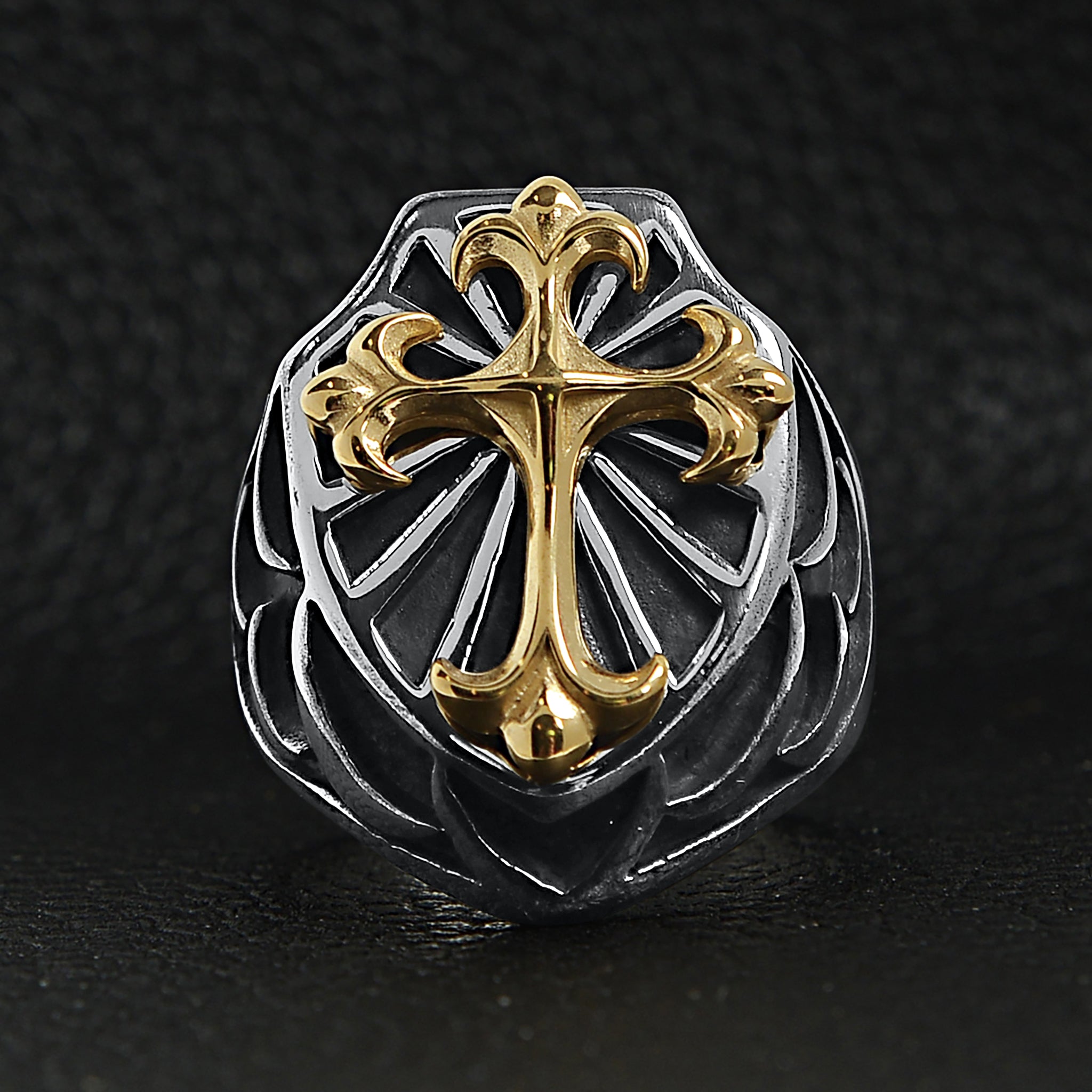 Stainless Steel Gold PVD Cross Shield Signet Ring - Durable and Hypoallergenic - Jewelry & Watches - Bijou Her -  -  - 