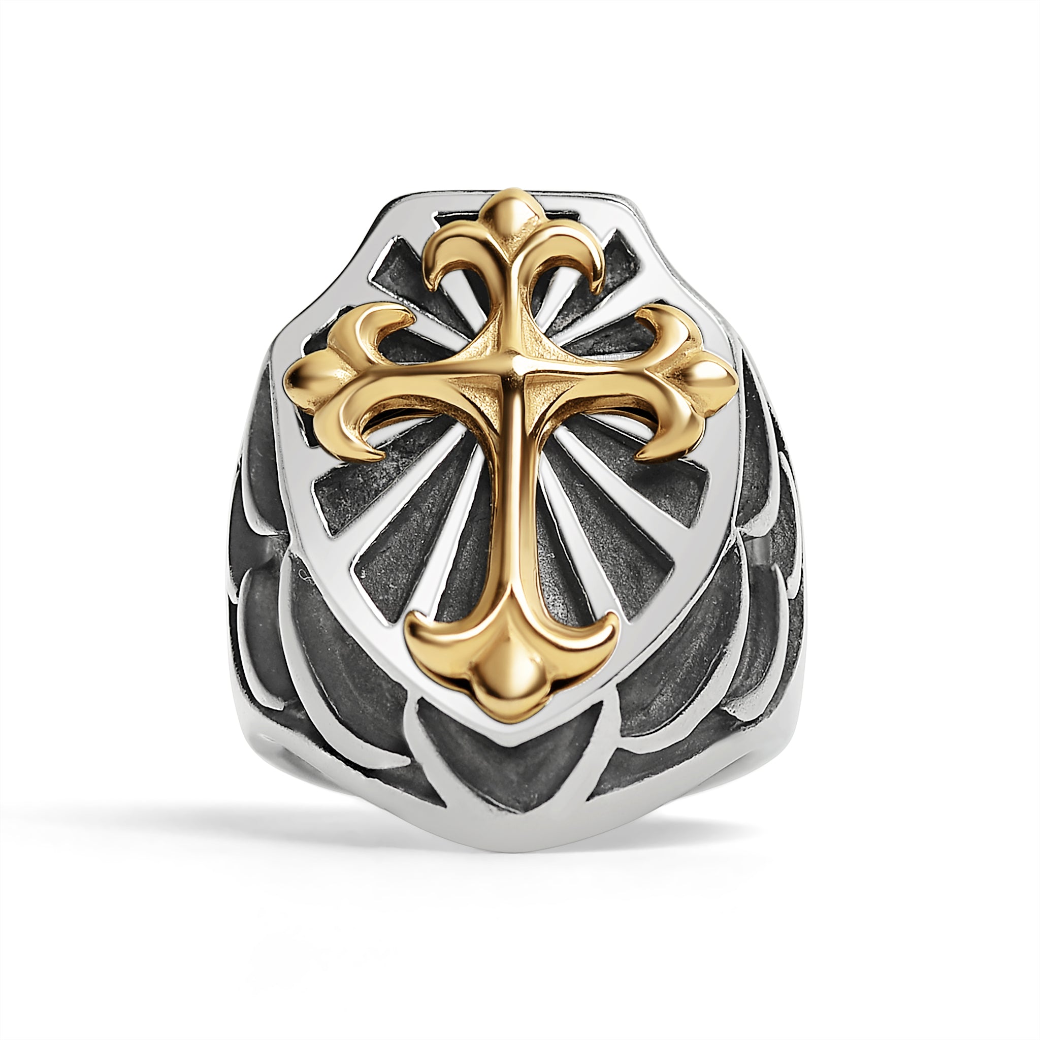 Stainless Steel Gold PVD Cross Shield Signet Ring - Durable and Hypoallergenic - Jewelry & Watches - Bijou Her -  -  - 