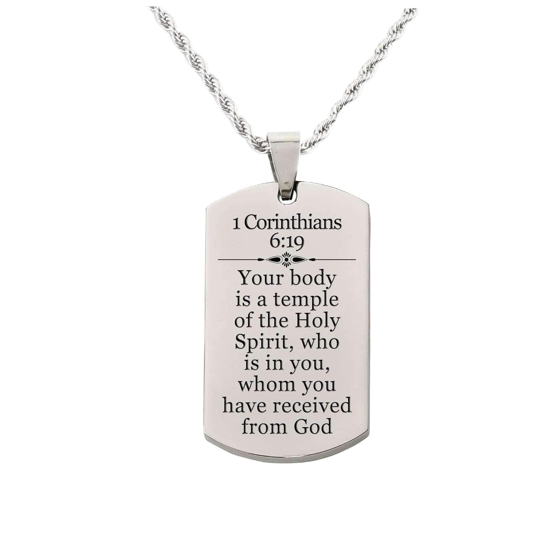 Stainless Steel Scripture Necklace with 1 Corinthians 6:19 - 22 Inch Rope Chain and Lobster Claw Closure - Jewelry & Watches - Bijou Her -  -  - 