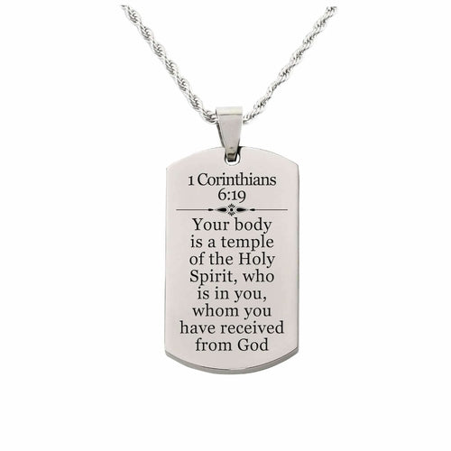 Stainless Steel Scripture Necklace with 1 Corinthians 6:19 - 22 Inch Rope Chain and Lobster Claw Closure - Jewelry & Watches - Bijou Her - Color -  - 