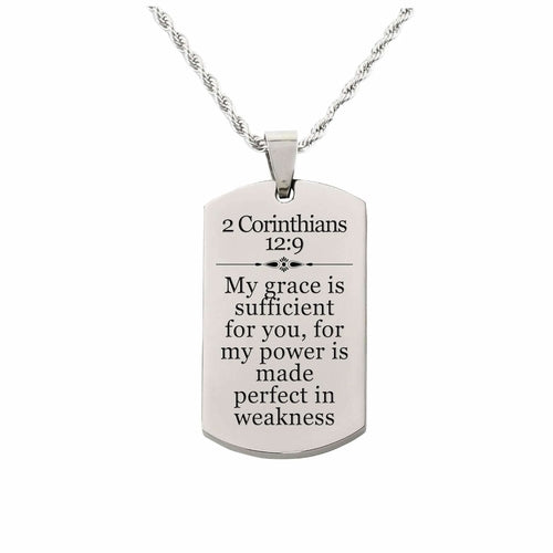 Stainless Steel Scripture Necklace with 2 Corinthians 12:9 - 22 Inch Rope Chain and Lobster Claw Closure - Jewelry & Watches - Bijou Her - Color -  - 