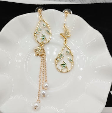 Oriental Asymmetric Butterfly and Bamboo Earrings with Pearls - Alloy and S925, 6.6cm/10cm, Jan 2022 - Jewelry & Watches - Bijou Her -  -  - 