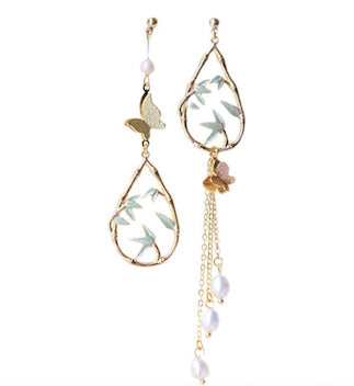 Oriental Asymmetric Butterfly and Bamboo Earrings with Pearls - Alloy and S925, 6.6cm/10cm, Jan 2022 - Jewelry & Watches - Bijou Her -  -  - 