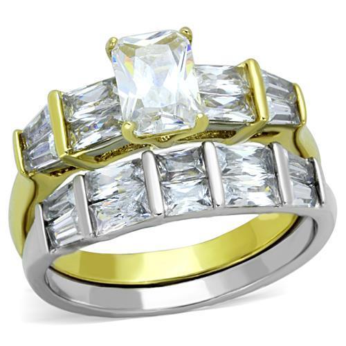 Stainless Steel Two-Tone Ring with Clear Cubic Zirconia for Women - Jewelry & Watches - Bijou Her -  -  - 