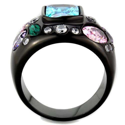 Sea Blue Cubic Zirconia Stainless Steel Ring - Women's IP Black Plating - Jewelry & Watches - Bijou Her -  -  - 