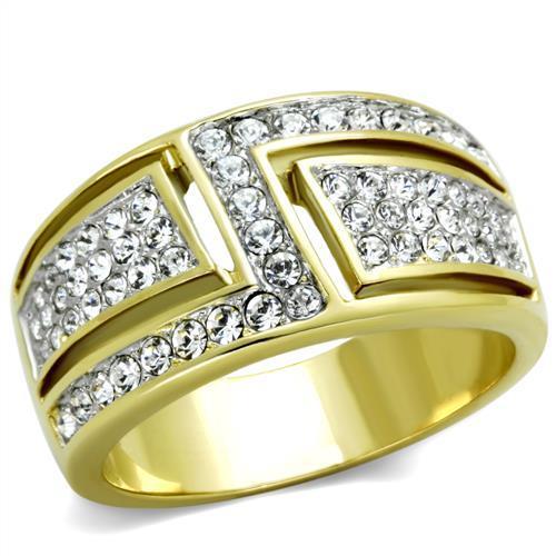 Stainless Steel Two-Tone Gold Ring with Clear Synthetic Crystal for Women - Jewelry & Watches - Bijou Her -  -  - 