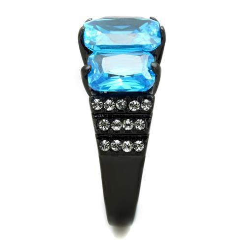 Sea Blue Cubic Zirconia Stainless Steel Ring - Women's IP Black Plating - Jewelry & Watches - Bijou Her -  -  - 
