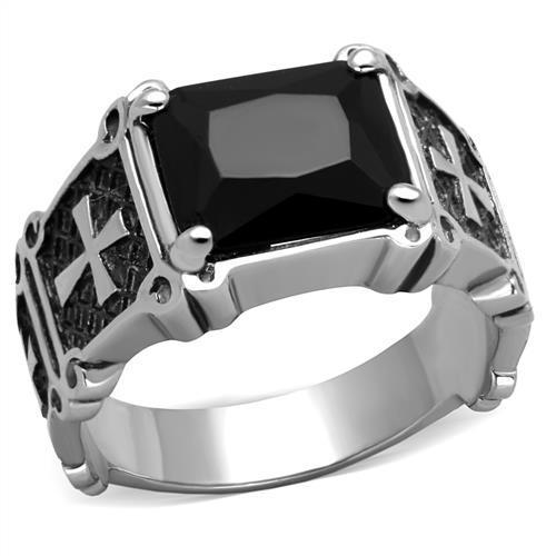 Hypoallergenic Men's Ring - Stainless Steel with Jet Synthetic Glass Stone - Jewelry & Watches - Bijou Her -  -  - 