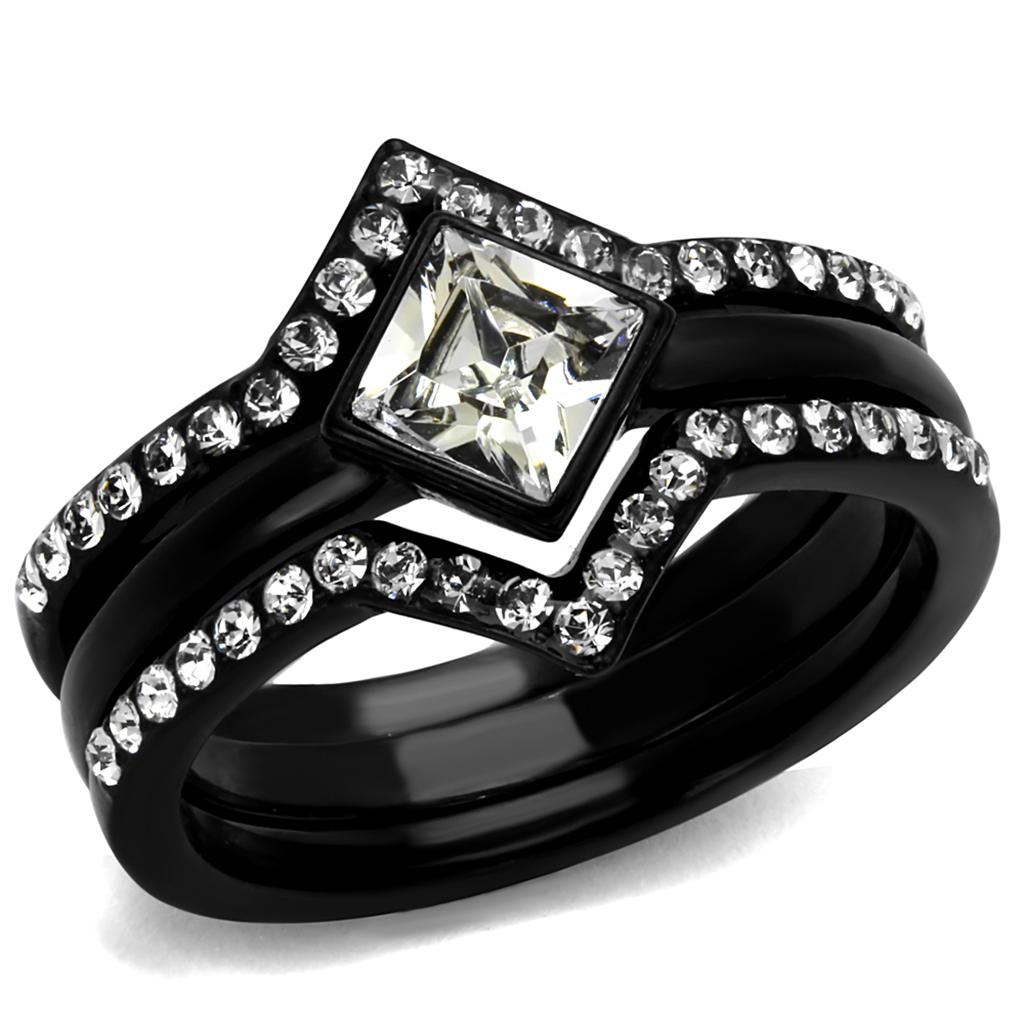 Stainless Steel Women's Ring with Black Plating and Clear Crystal - Hypoallergenic Jewelry for Women - Jewelry & Watches - Bijou Her -  -  - 