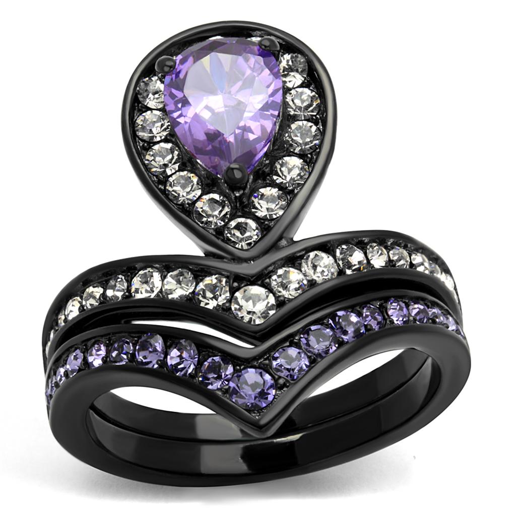 Stainless Steel Women's Ring with Black Ion Plating, Cubic Zirconia, and Amethyst - Jewelry & Watches - Bijou Her -  -  - 