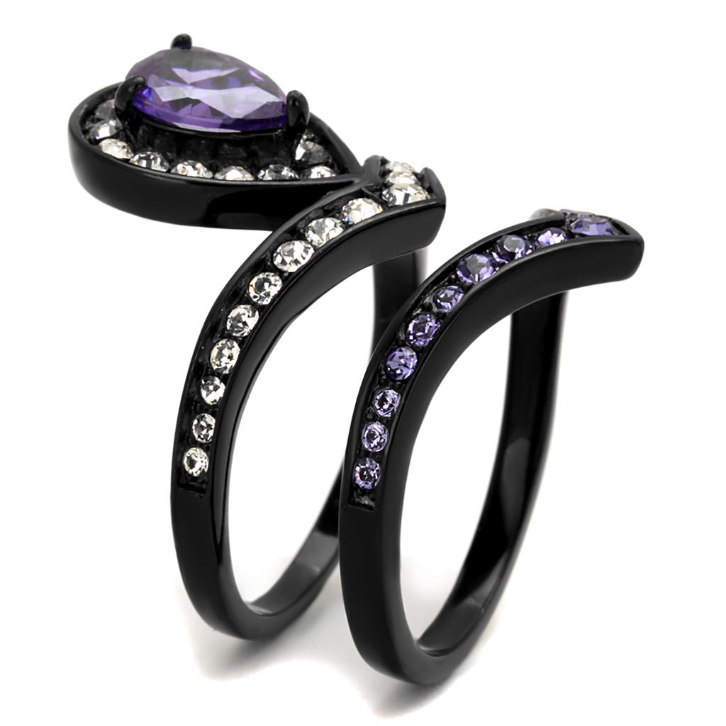 Stainless Steel Women's Ring with Black Ion Plating, Cubic Zirconia, and Amethyst - Jewelry & Watches - Bijou Her -  -  - 