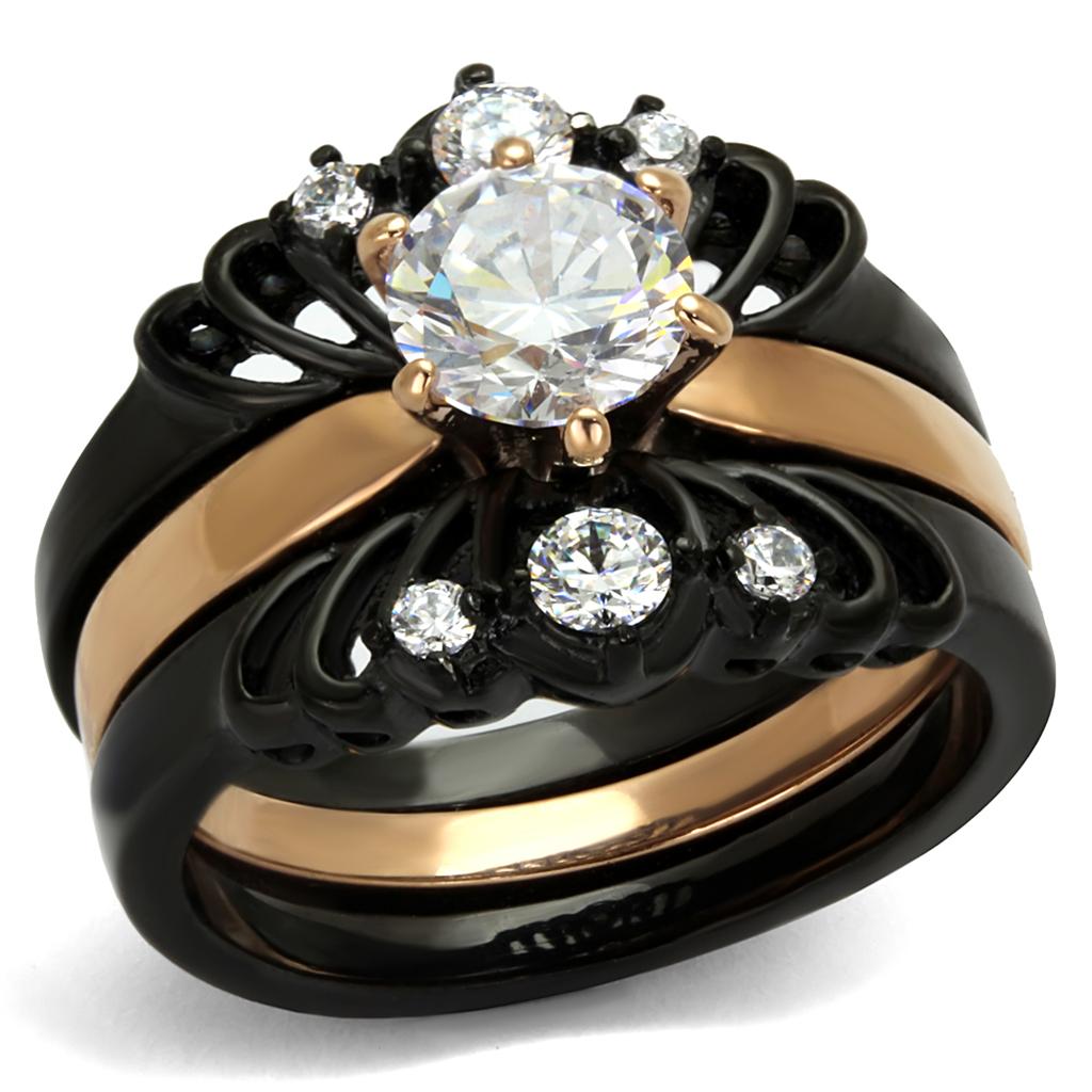 Stainless Steel Women's Ring - Rose Gold & Black with Cubic Zirconia - Jewelry & Watches - Bijou Her -  -  - 