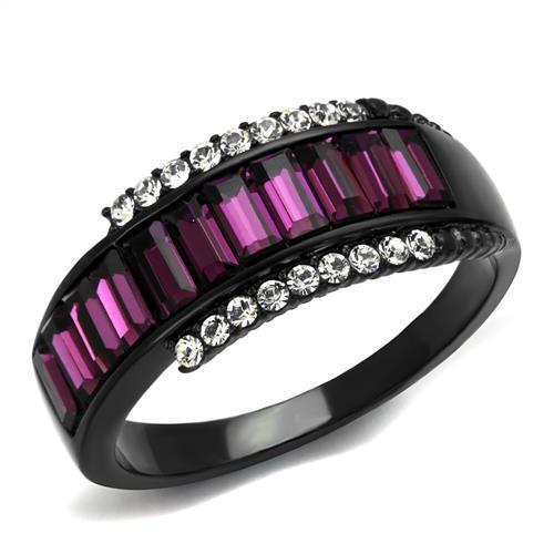 Stainless Steel Women's Ring with Black Ion Plating and Amethyst Synthetic Crystal - Jewelry & Watches - Bijou Her -  -  - 