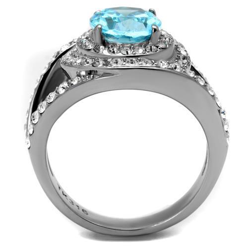 High Polished Stainless Steel Ring - Synthetic Glass Center Stone, Sea Blue Color, 7.45g Weight, Ships in 1 Day - Rings - Bijou Her -  -  - 