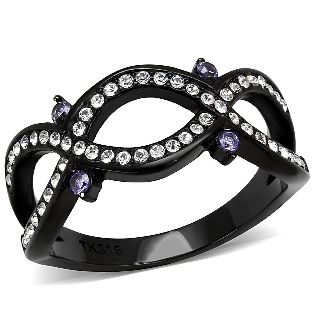 Stainless Steel Cubic Zirconia Amethyst Ring for Women - Black IP Plating - Jewelry & Watches - Bijou Her -  -  - 