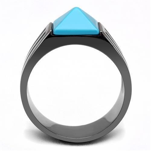 Stainless Steel Men's Ring - IP Light Black with Sea Blue Turquoise Synthetic Stone - Jewelry & Watches - Bijou Her -  -  - 