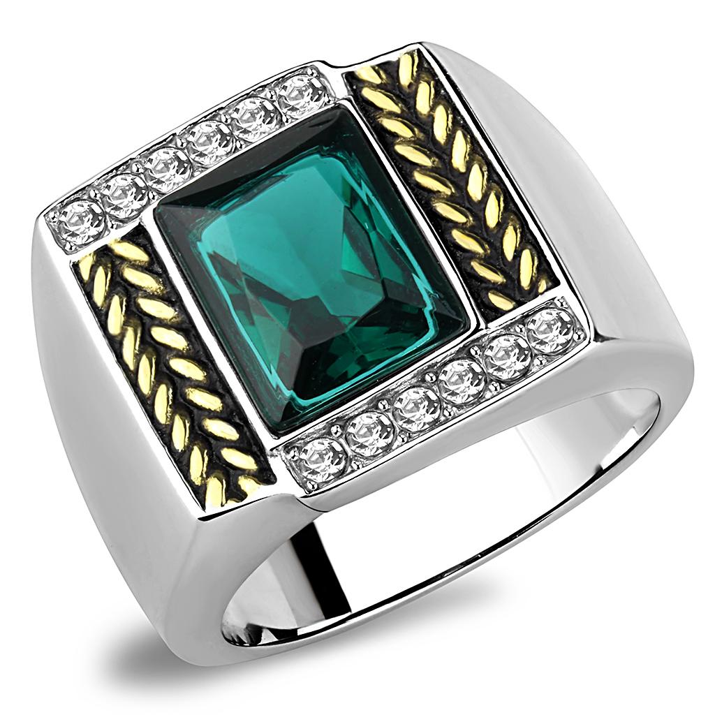 Stylish Stainless Steel Two-Tone Gold Ring for Men with Blue Zircon & Synthetic Glass - Jewelry & Watches - Bijou Her -  -  - 