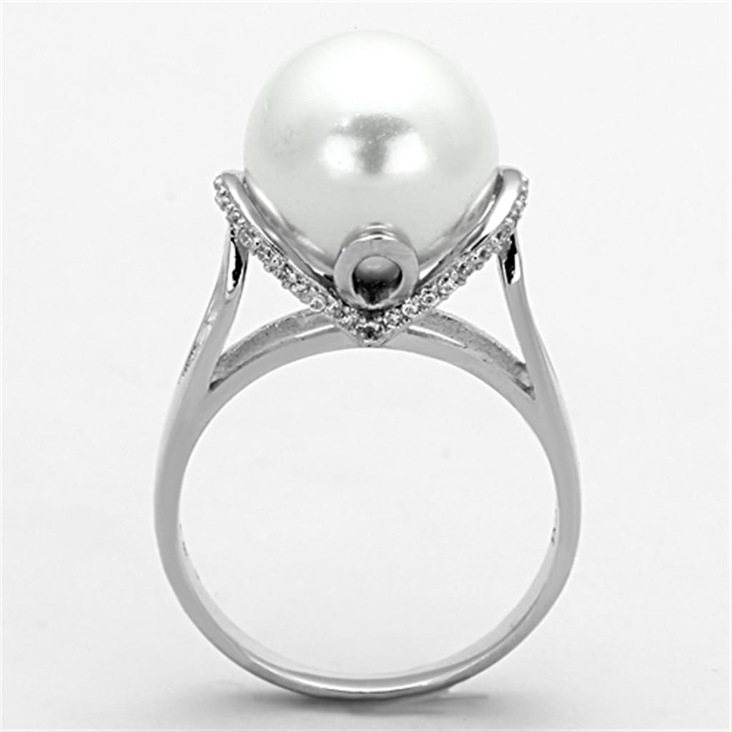 Rhodium Sterling Silver Ring with Synthetic Pearl - White Color, TSAO Collection - Jewelry & Watches - Bijou Her -  -  - 