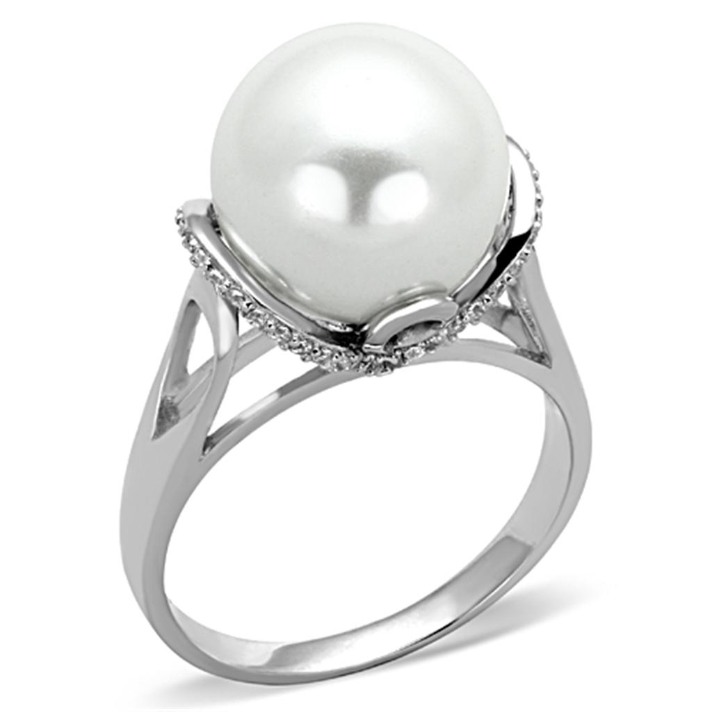 Rhodium Sterling Silver Ring with Synthetic Pearl - White Color, TSAO Collection - Jewelry & Watches - Bijou Her -  -  - 