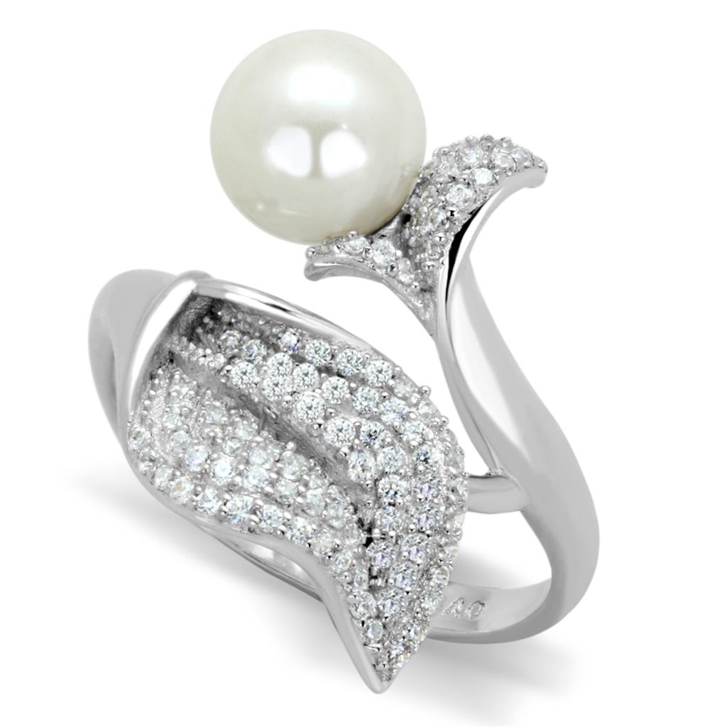 Rhodium Sterling Silver Ring with White Synthetic Pearl - 925 Silver - Jewelry & Watches - Bijou Her -  -  - 