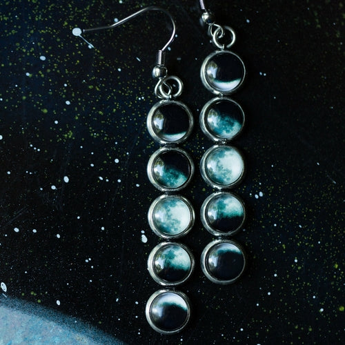 Moon Phase Earrings - Handcrafted Silver Tone Bezels with Glass Phases of the Moon for Astronomy Lovers - Jewelry & Watches - Bijou Her - Color -  - 