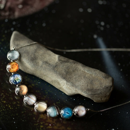 Silver Solar System Necklace - Celestial Statement Piece with Planets, Rhodium Plated Brass and Glass Materials, 18" Chain Length, 4" Pendant Width, Handcrafted, Discounts Available, Supports Space Exploration and Research - Jewelry & Watches - Bijou Her - Color -  - 