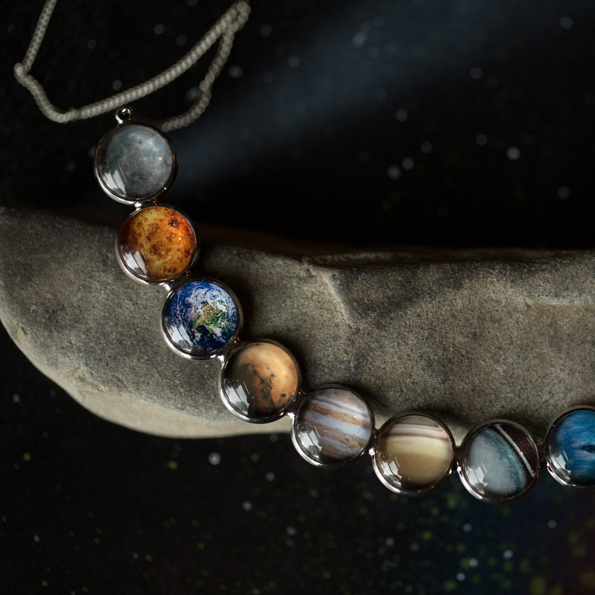 Silver Solar System Necklace - Celestial Statement Piece with Planets, Rhodium Plated Brass and Glass Materials, 18" Chain Length, 4" Pendant Width, Handcrafted, Discounts Available, Supports Space Exploration and Research - Jewelry & Watches - Bijou Her -  -  - 