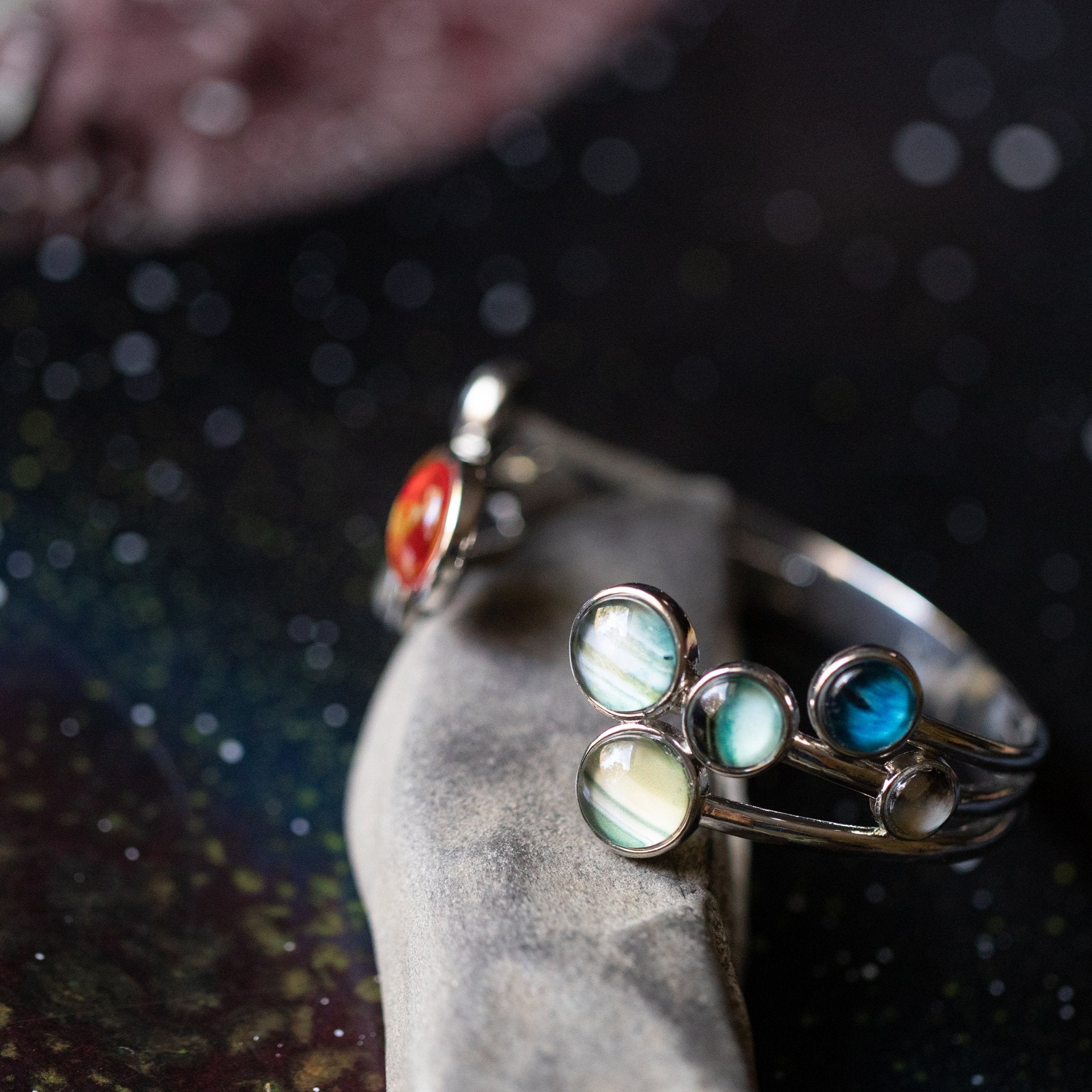 Solar System Adjustable Cuff Bracelet - Rhodium Plated Brass & Glass Materials, Handcrafted, 9 Planets & Sun Design, Care Instructions Included - Jewelry & Watches - Bijou Her -  -  - 