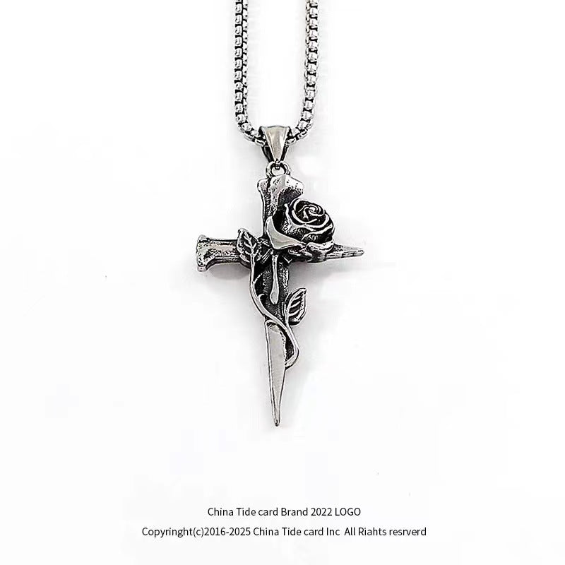 Vintage Rose Cross Titanium Steel Necklace Man - 0 - Bijou Her -  -  - 