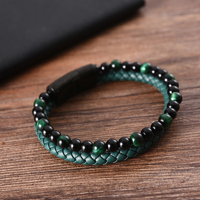 Men's Personality Stainless Steel Leather Bracelet Green Beads Braided Bracelet - 0 - Bijou Her -  -  - 