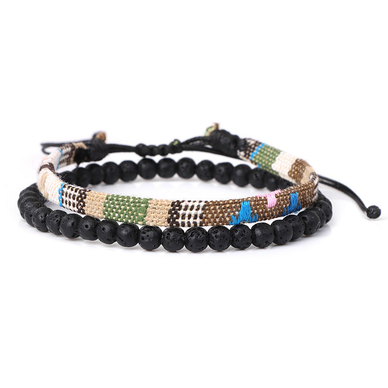 Men's Lava Volcanic Rock Bohemian Woven Bracelet Combination - 0 - Bijou Her - Color -  - 