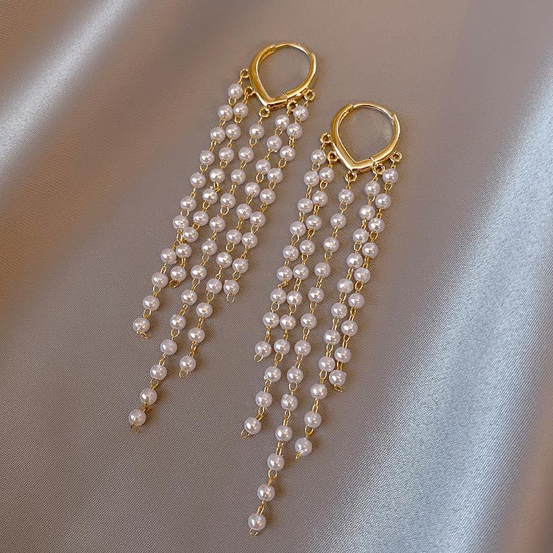 Pearl Long Tassel Earrings With Simple Design - 0 - Bijou Her -  -  - 