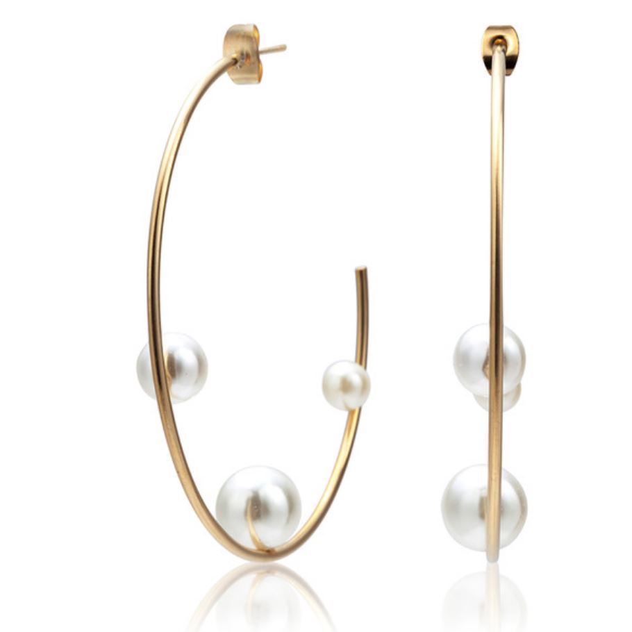 Pearly Hoop Earrings: 18k Gold Plated Stainless Steel, Hypoallergenic, 5.7cm - Jewelry & Watches - Bijou Her -  -  - 