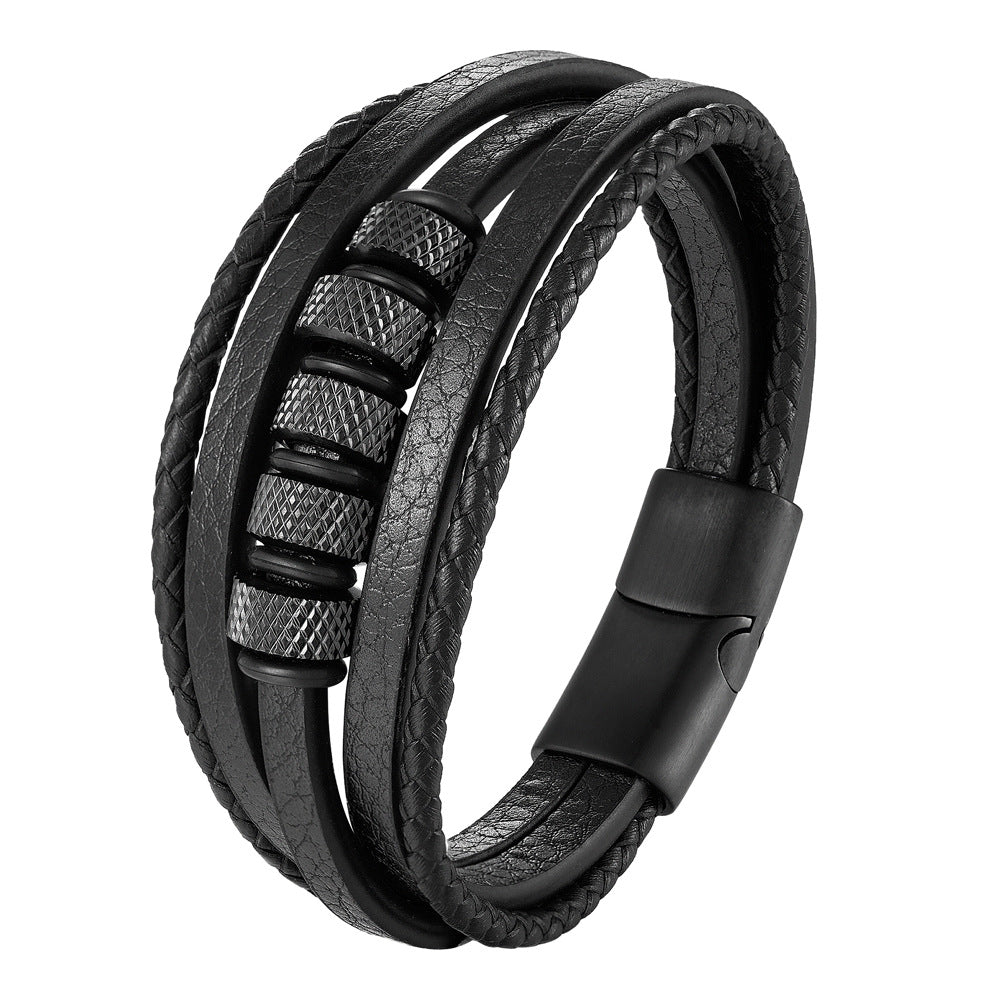 Stainless Steel Leather Braided Bracelets Genuine Leather Multi-layer Men's Jewelry - 0 - Bijou Her -  -  - 
