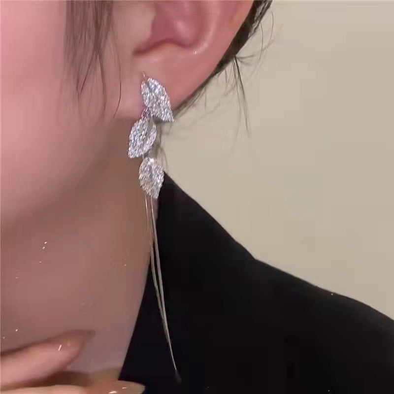 Women's Diamond Leaf Tassel Earrings - 0 - Bijou Her -  -  - 